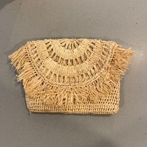 crochet raffia straw fringe clutch
